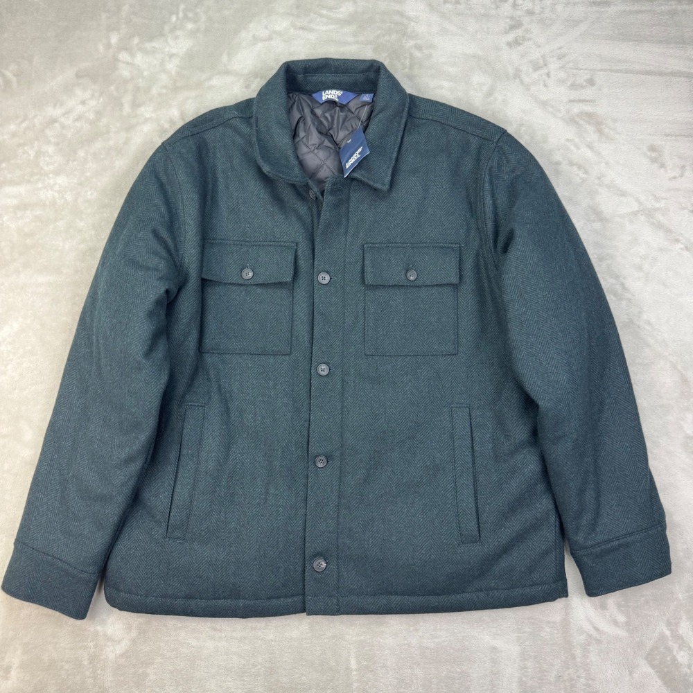 New Lands End Mens L Wool Blend Herringbone Insulated Shirt Jacket Dark Green